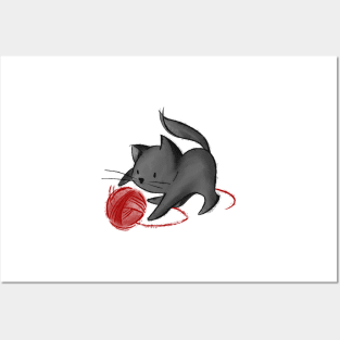 Cute Cat playing with ball of yarn - black Posters and Art